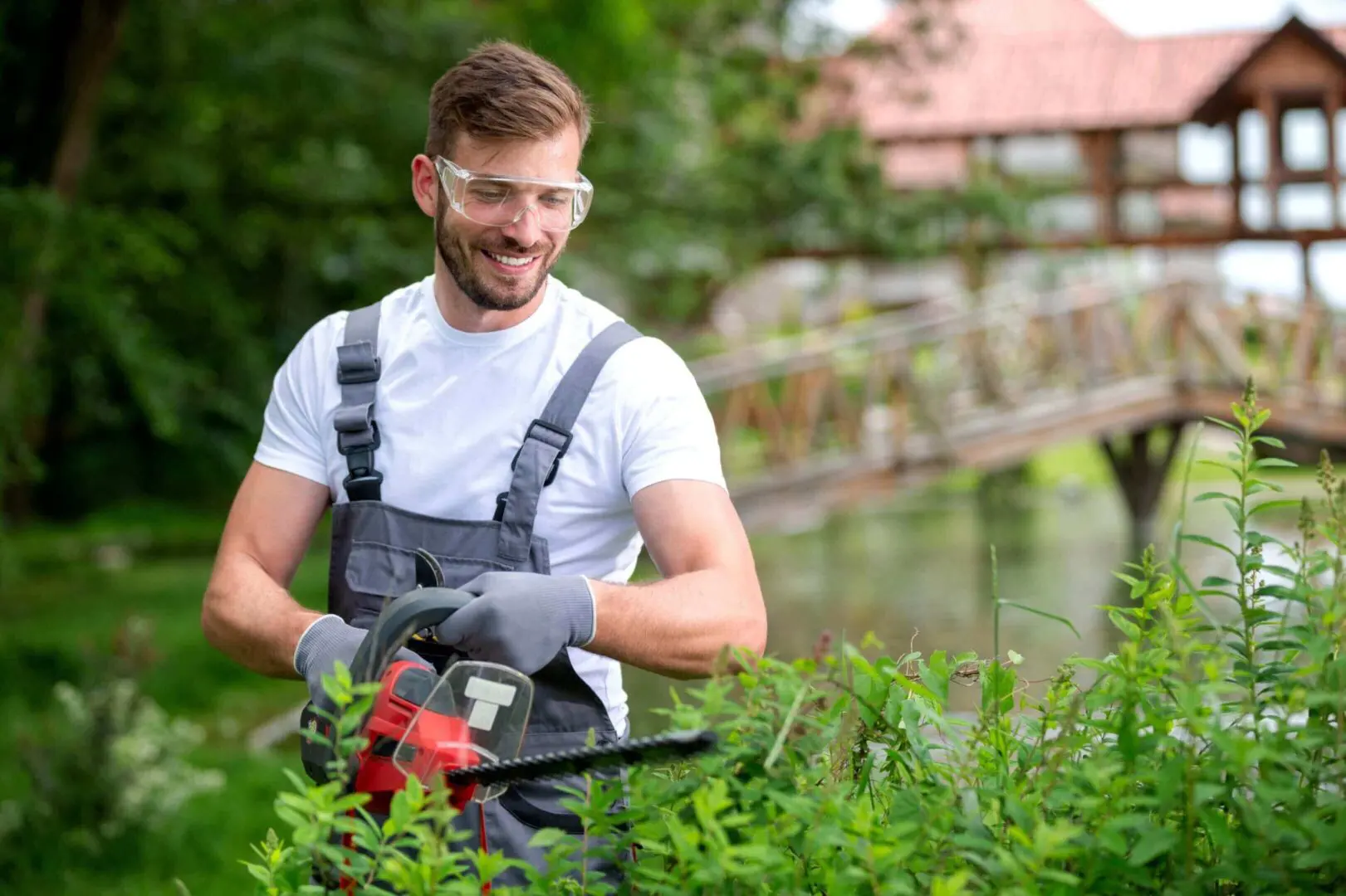 Man trimming hedges outdoors with a hedge trimmer.