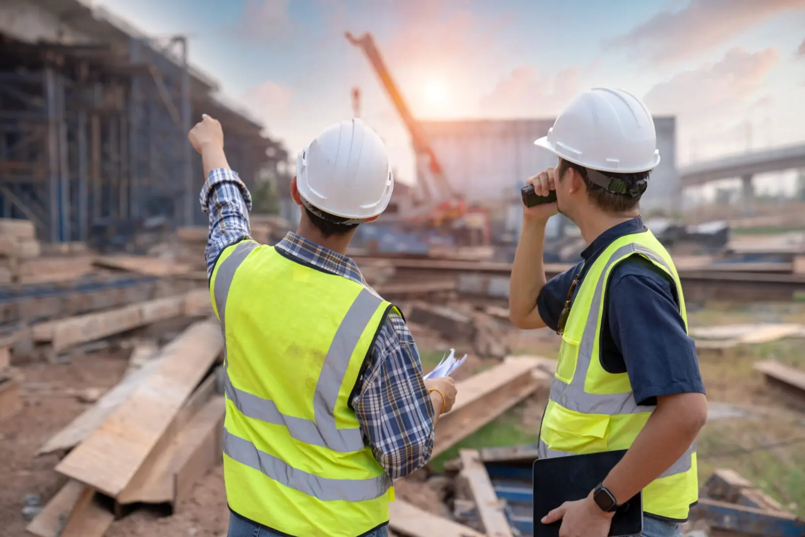 Construction workers in hard hats coordinating