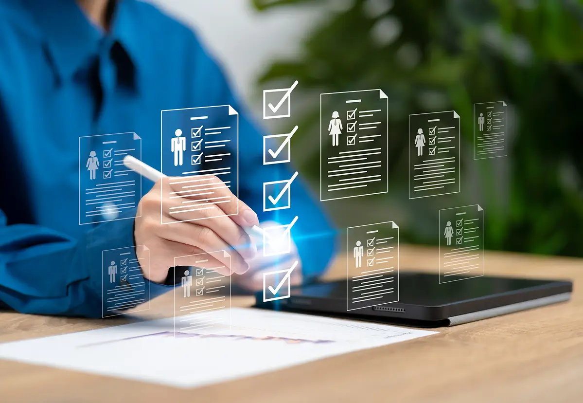 Digital candidate screening on tablet with checkmarks